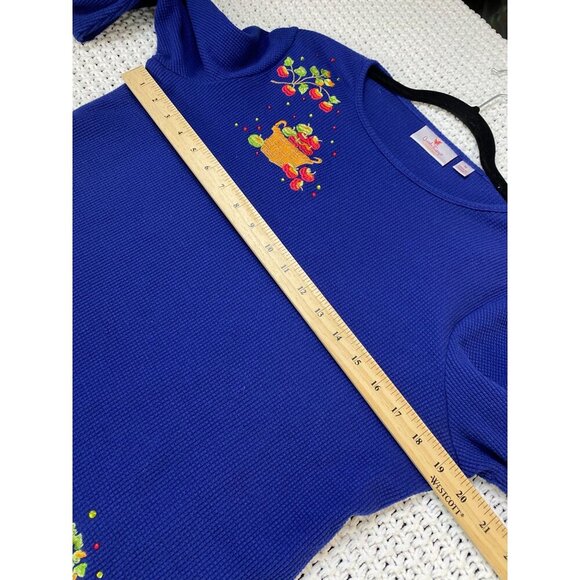 Quacker Factory Apple Embroidered Blue Waffle Sweater Top Women Size Medium Fall - Picture 6 of 13